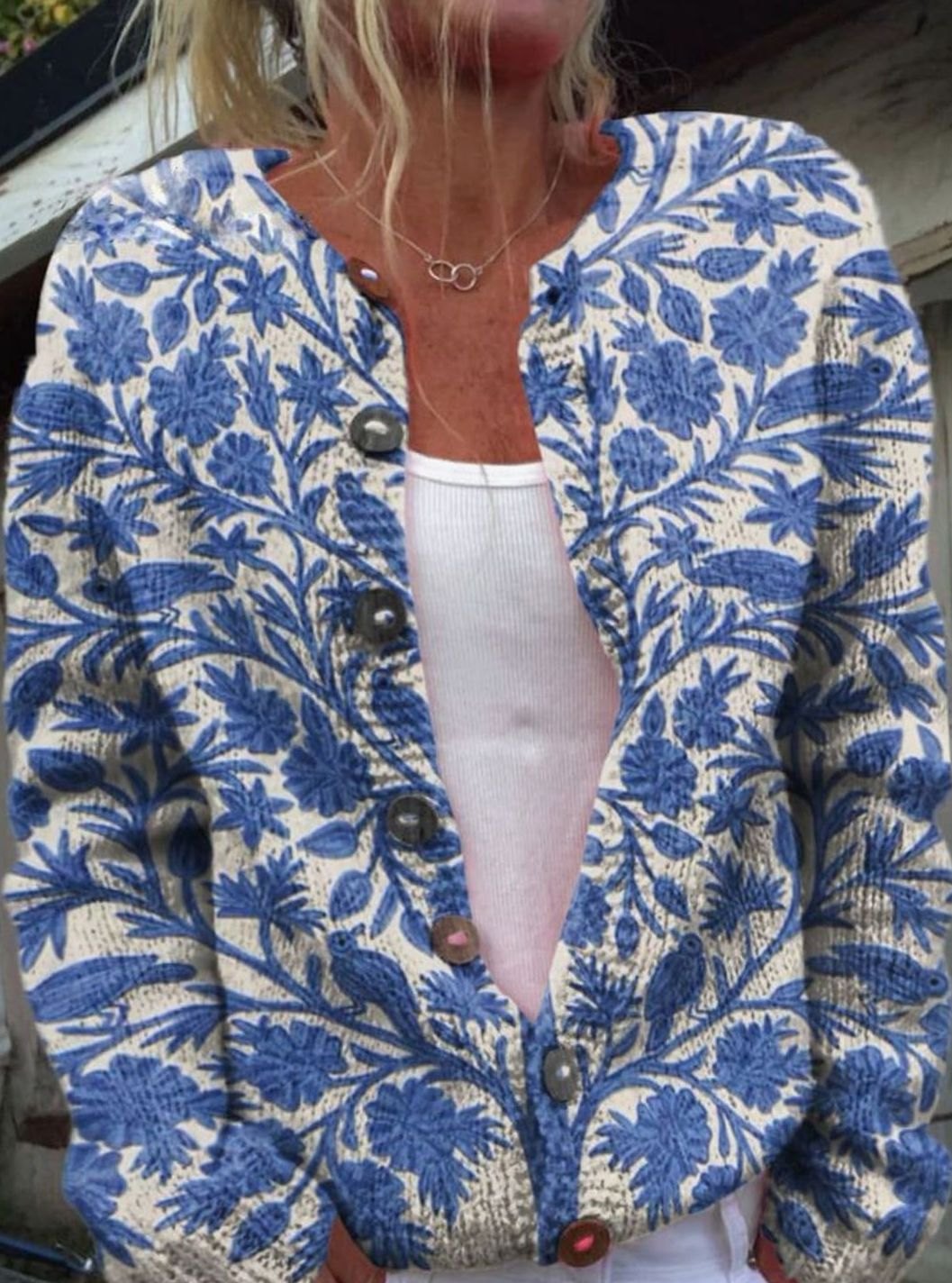 Women's Vintage Floral Knit Button-Front Relaxed Cardigan Sweater