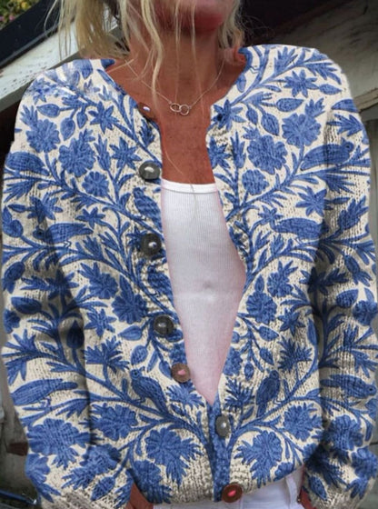 Women's Vintage Floral Knit Button-Front Relaxed Cardigan Sweater