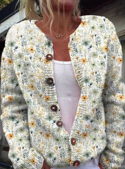 Women's Vintage Floral Knit Button-Front Relaxed Cardigan Sweater