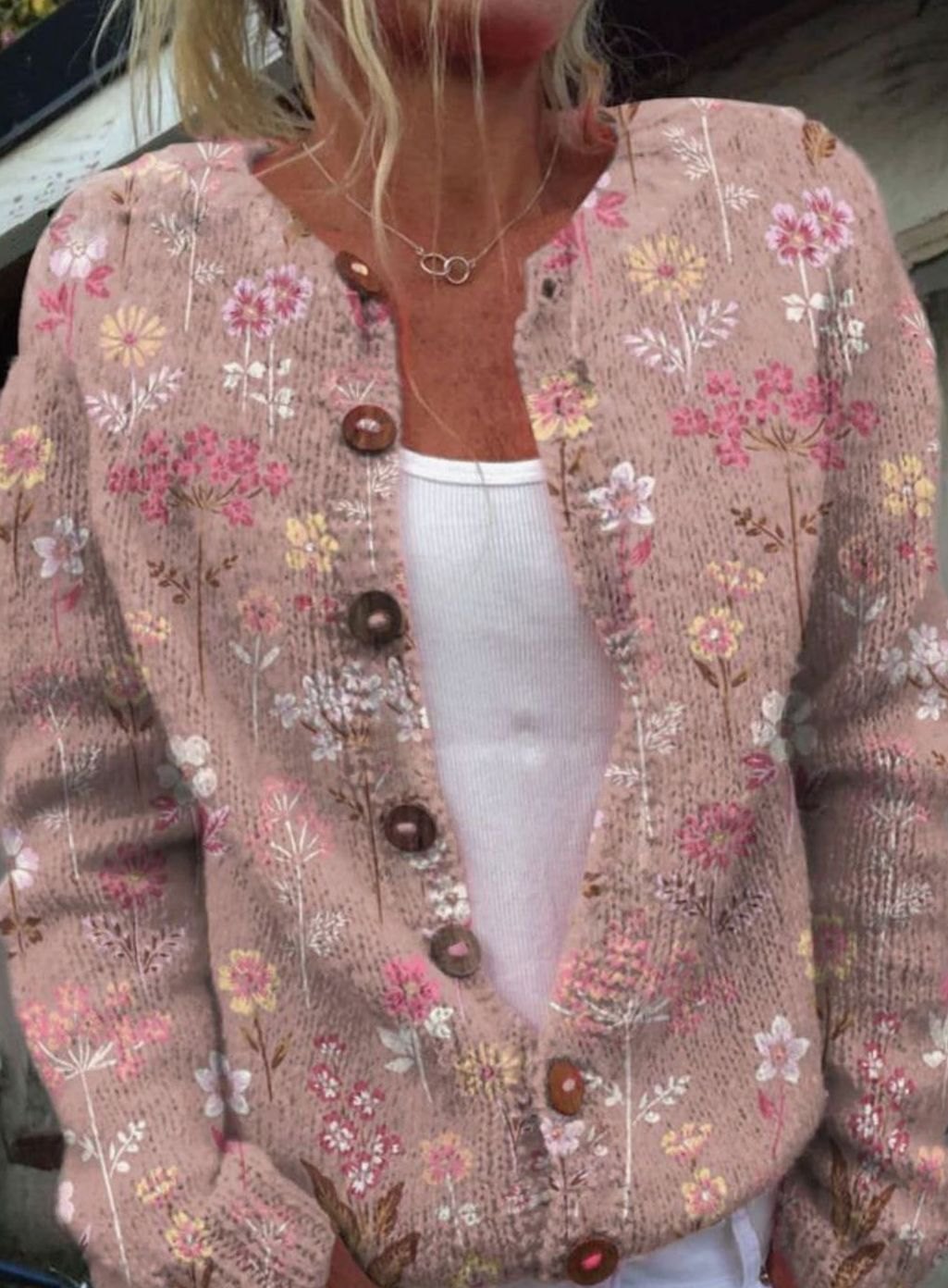Women's Vintage Floral Knit Button-Front Relaxed Cardigan Sweater