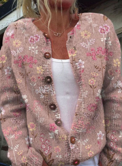 Women's Vintage Floral Knit Button-Front Relaxed Cardigan Sweater