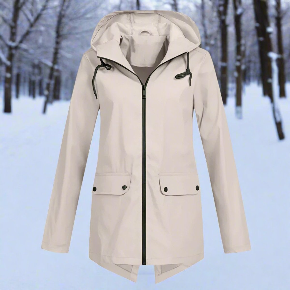 Women's Waterproof Hooded Zip-Up Rain Jacket with Adjustable Cuffs and Pockets