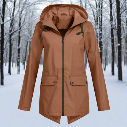 Women's Waterproof Hooded Zip-Up Rain Jacket with Adjustable Cuffs and Pockets