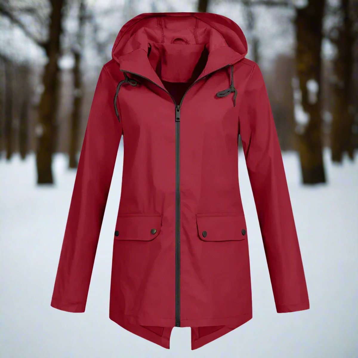 Women's Waterproof Hooded Zip-Up Rain Jacket with Adjustable Cuffs and Pockets