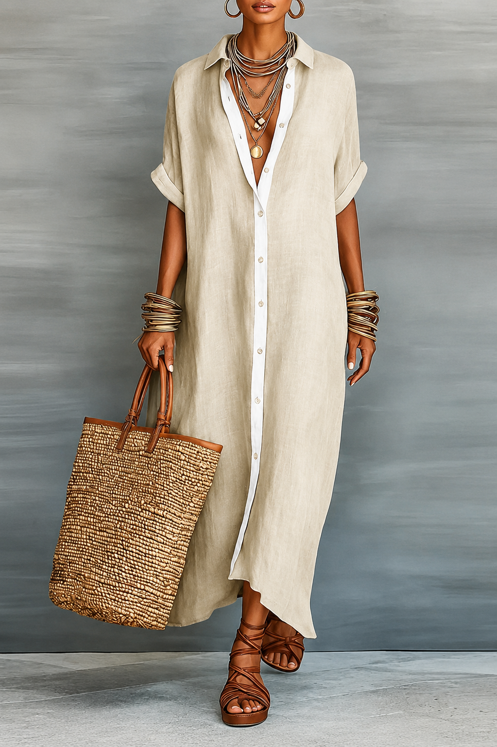 Women's Button-Down Linen Maxi Shirt Dress - Image 1