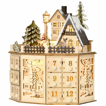 Wooden Advent Calendar – 24 Drawers with Warm LED Light and Christmas Ambience