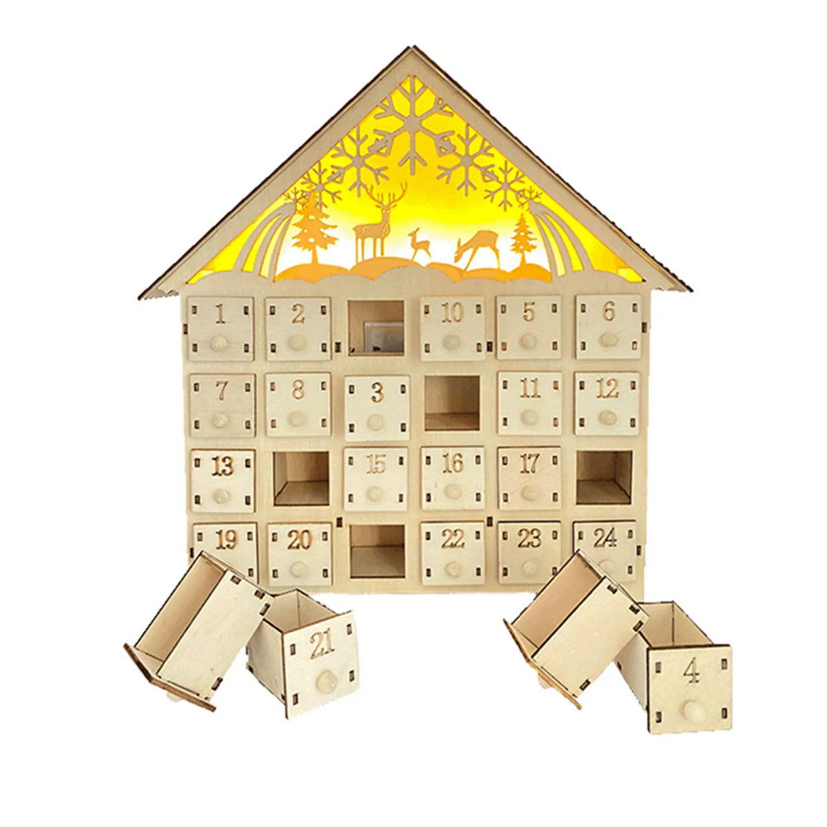 Wooden Advent Calendar – 24 Drawers with Warm LED Light and Christmas Ambience