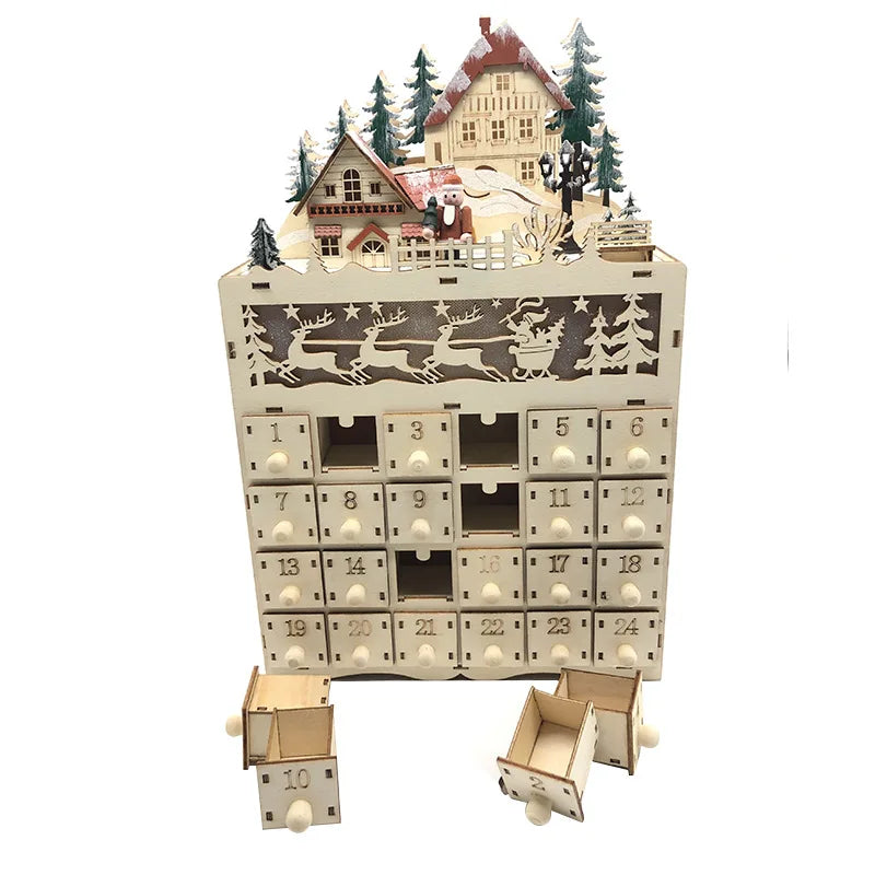 Wooden Advent Calendar – 24 Drawers with Warm LED Light and Christmas Ambience