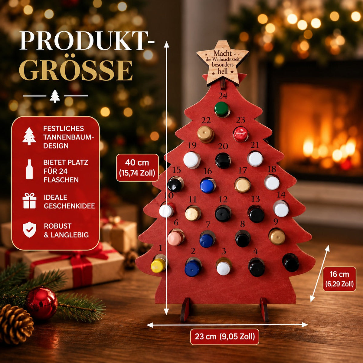 Wooden Christmas Tree Bottle Advent Calendar with 24 Bottle Compartments