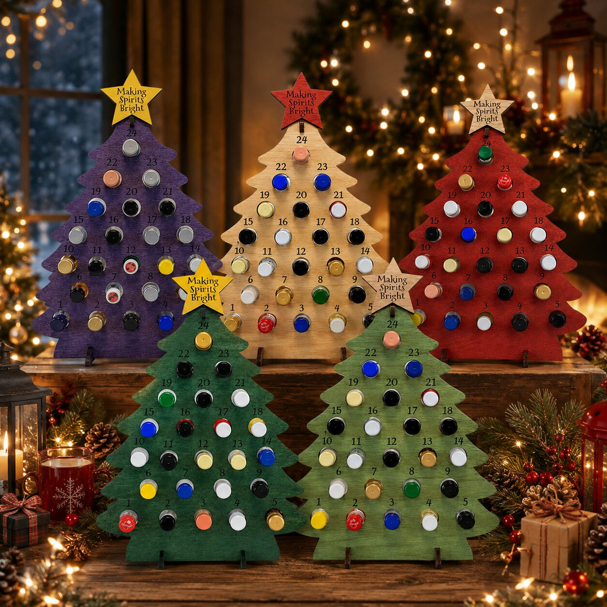 Wooden Christmas Tree Bottle Advent Calendar with 24 Bottle Compartments