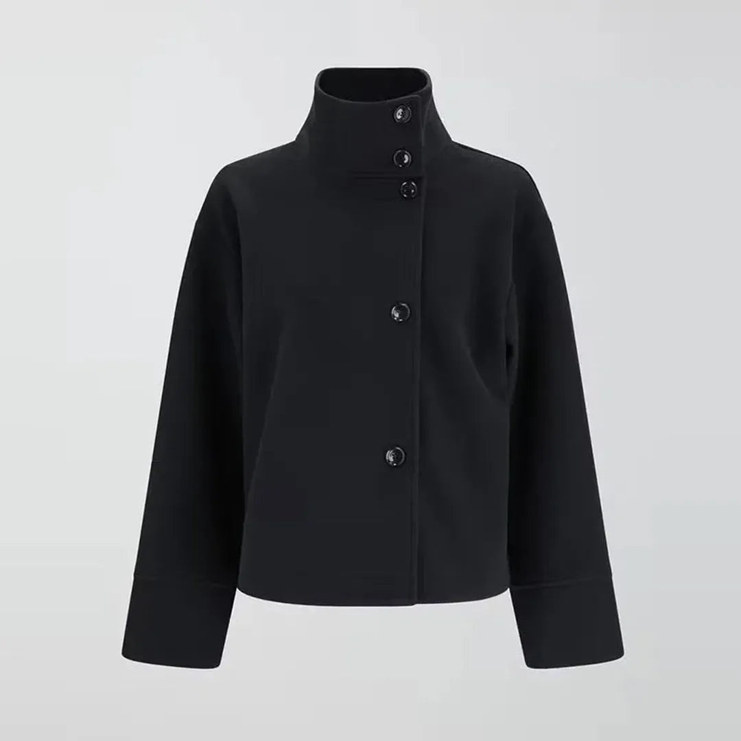 Wool Jacket with High Stand Collar and Button Fastening