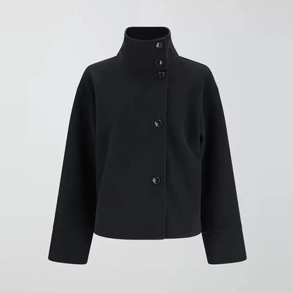Wool Jacket with High Stand Collar and Button Fastening