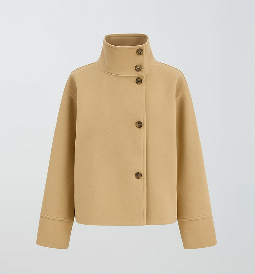 Wool Jacket with High Stand Collar and Button Fastening