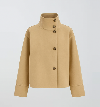 Wool Jacket with High Stand Collar and Button Fastening