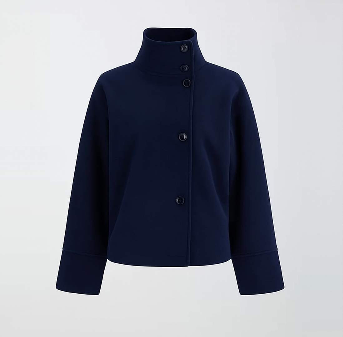 Wool Jacket with High Stand Collar and Button Fastening