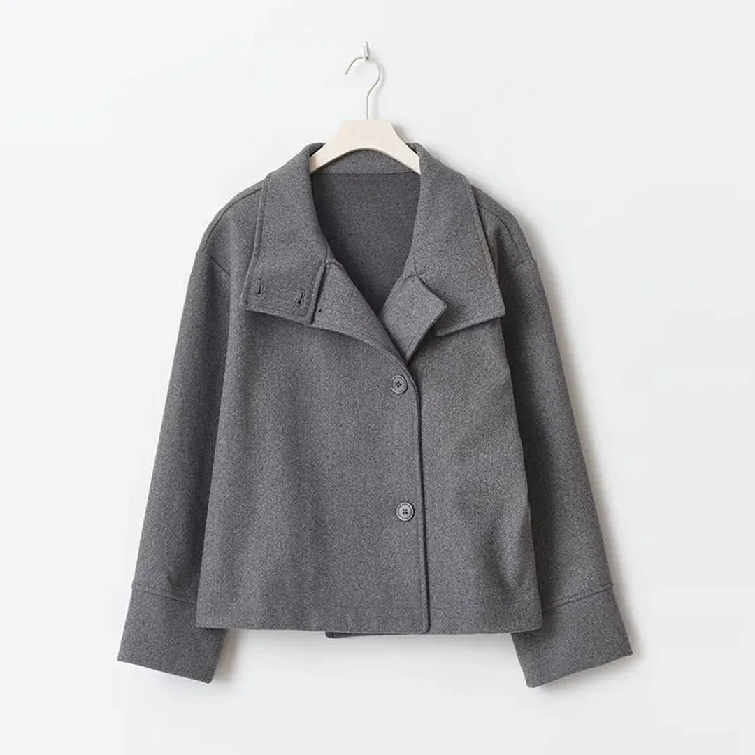 Wool Jacket with High Stand Collar and Button Fastening