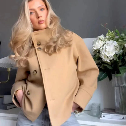 Wool Jacket with High Stand Collar and Button Fastening