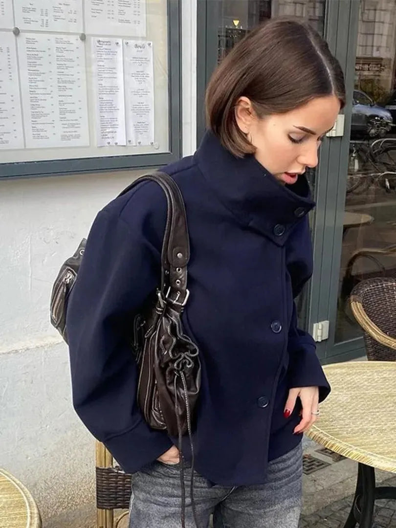 Wool Jacket with High Stand Collar and Button Fastening