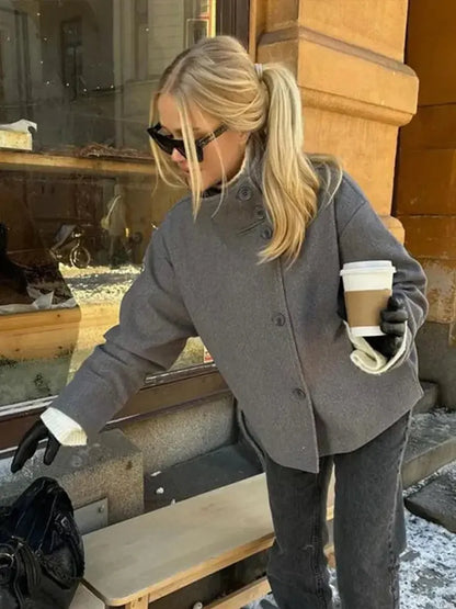 Wool Jacket with High Stand Collar and Button Fastening